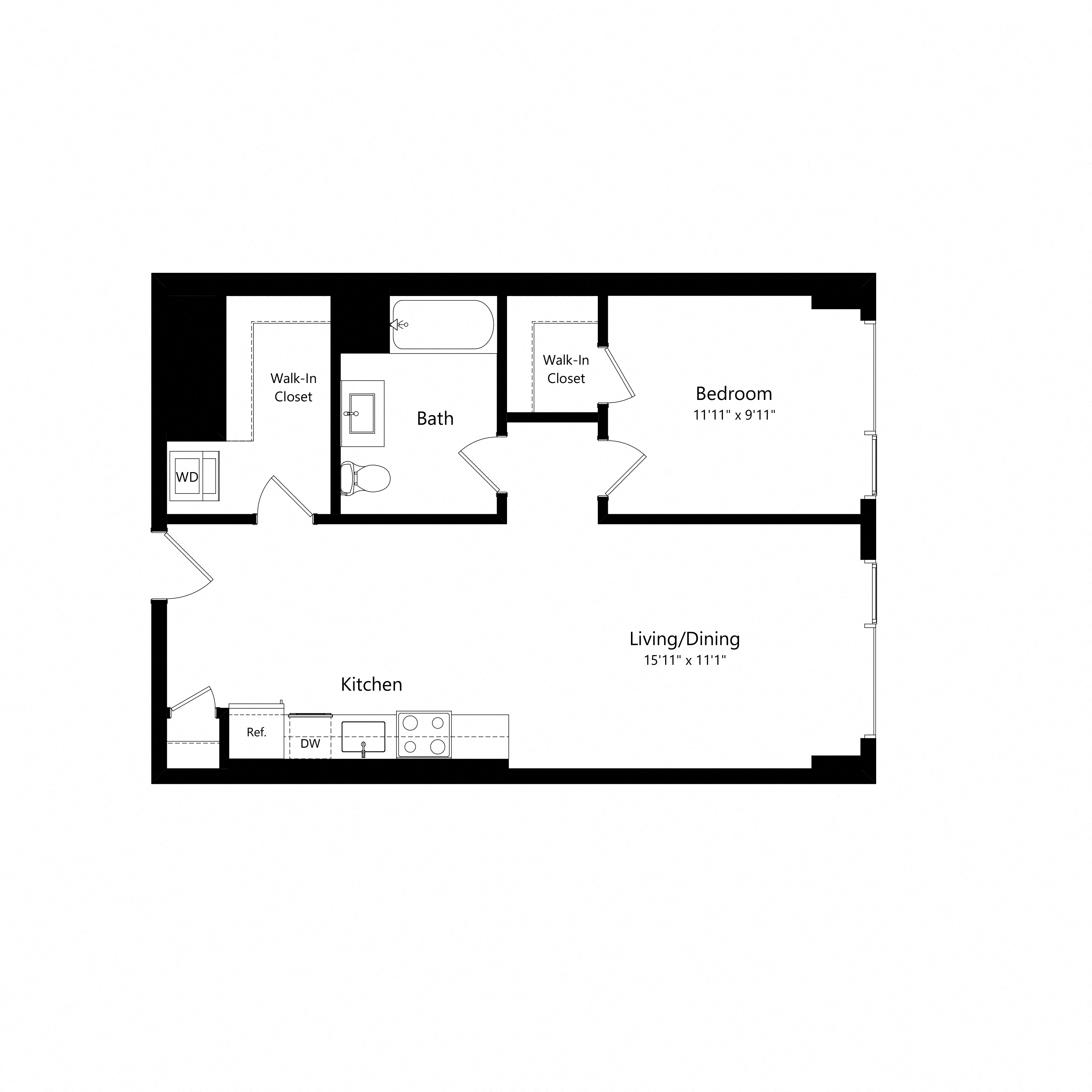 Floor plan for 1 bed, 1 bath, 702 sqft